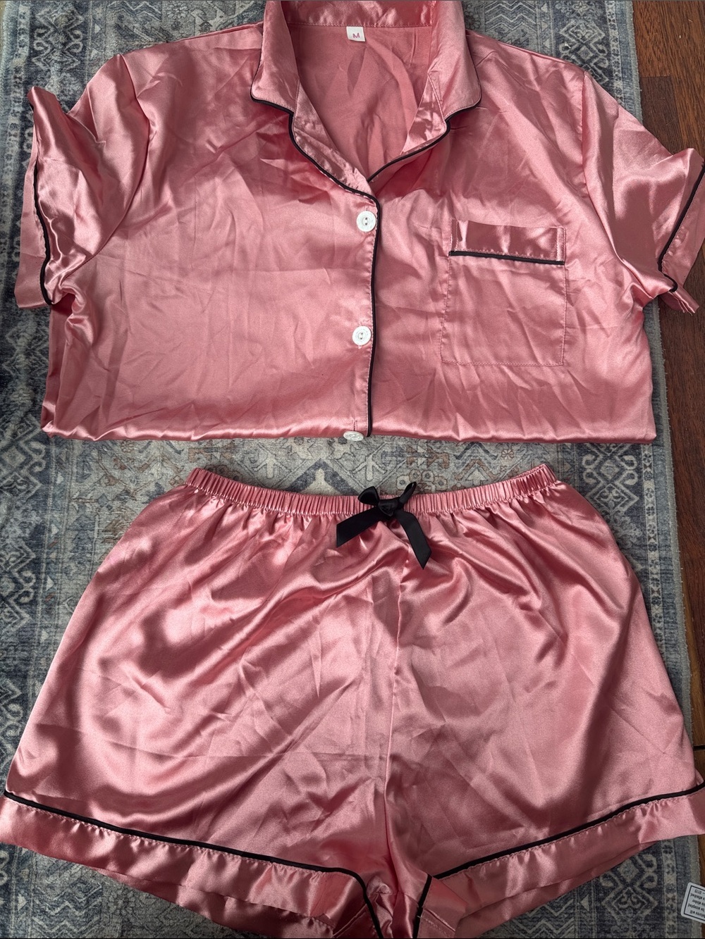 Silky Pink Satin Pajama Set with Black Trim Size Medium